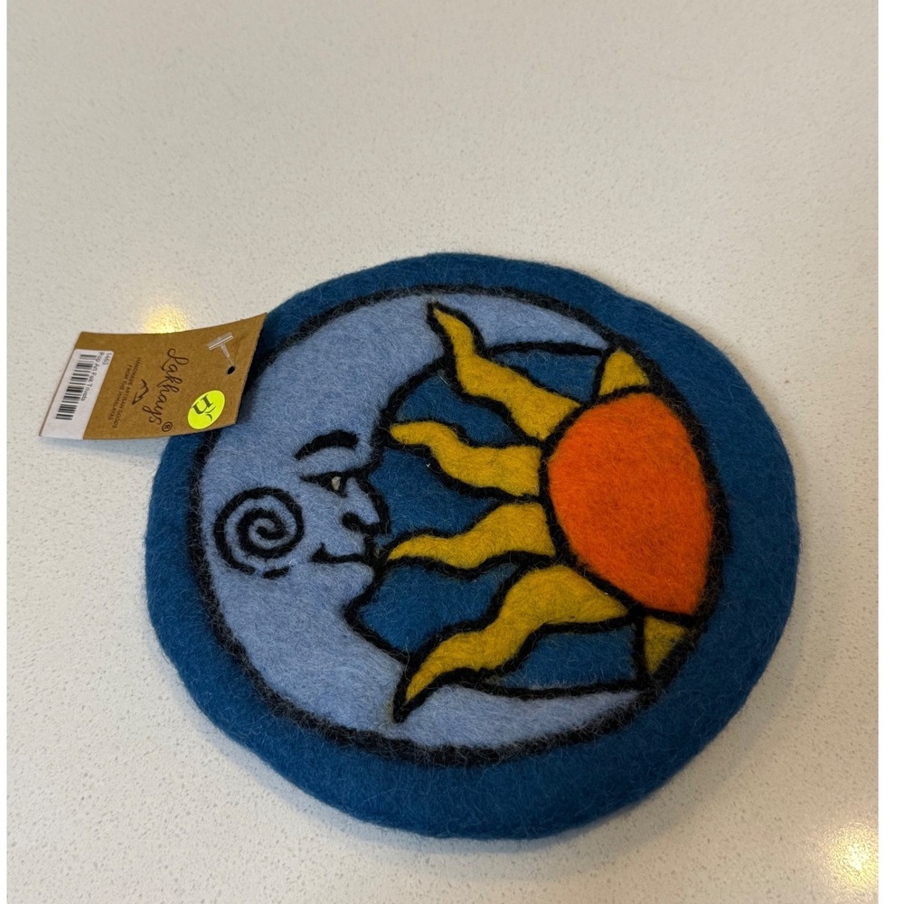 Lakhays Pop Art Felt Trivet Sun Moon Celestial Handmade‎ Wool Blue Yellow  New